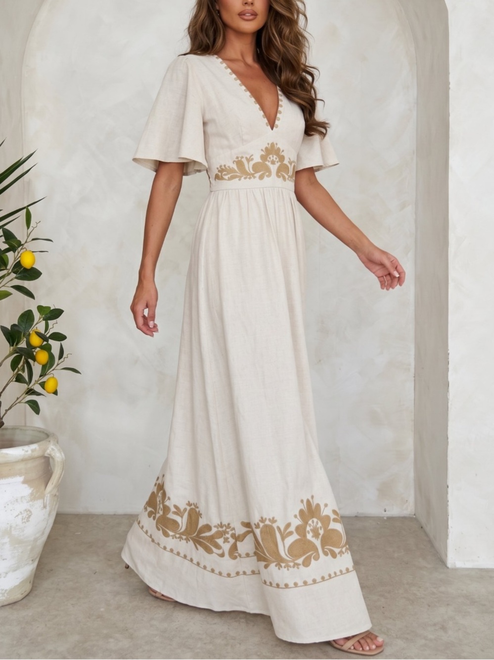 FROM PARIS FRANCE 🇫🇷 Women’s Cream Maxi Dress with Gold Trim